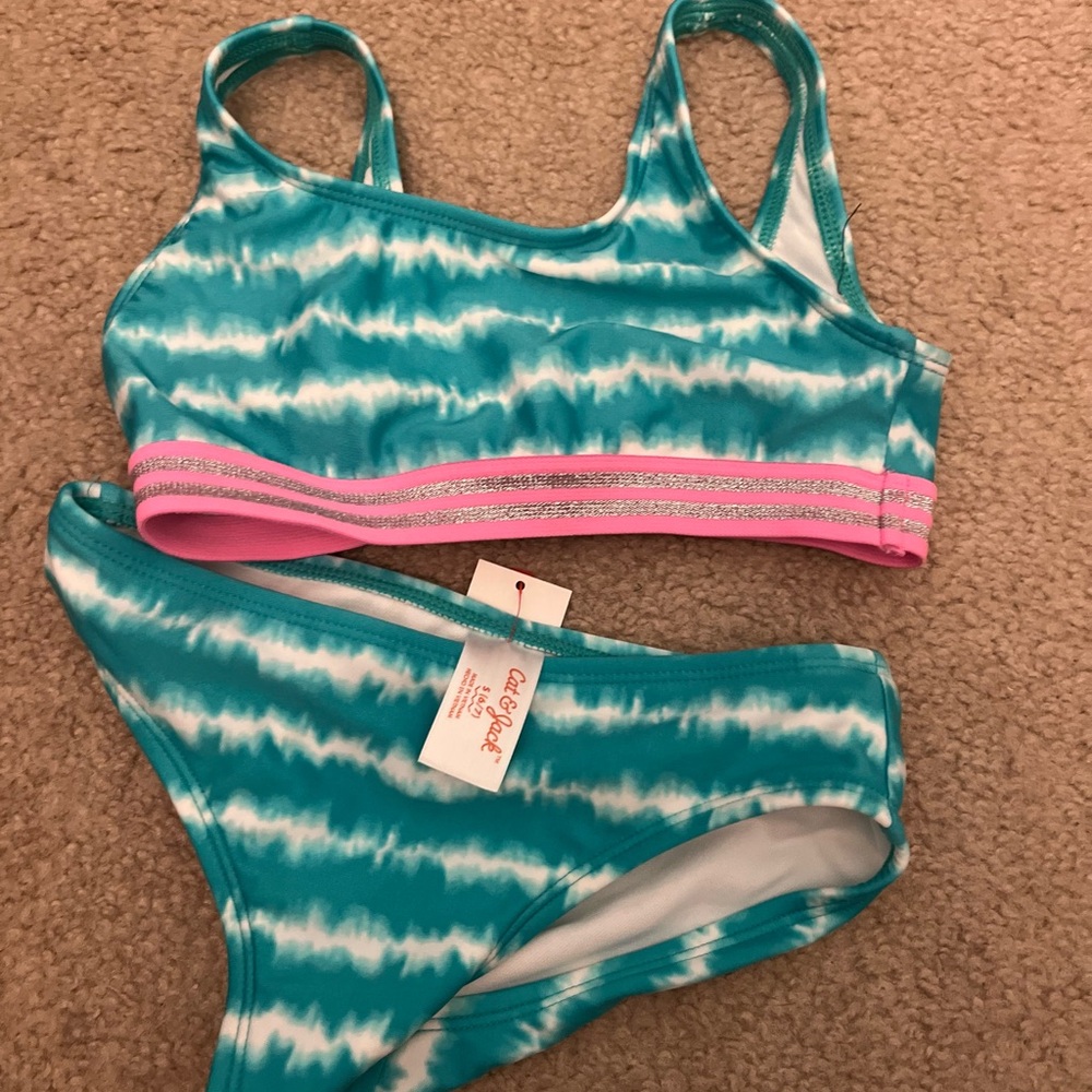 Girls Cat&Jack 2 piece turquoise white pink tie dye swim suit bikini